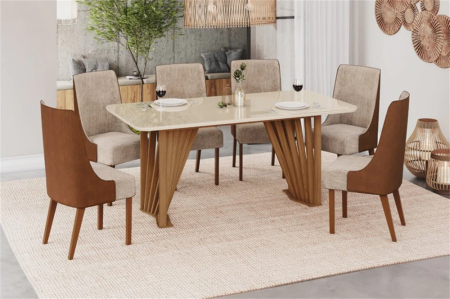 Sala de Jantar Adriana Henn Nature Off White Com Vidro 06 Cadeiras Ivy Corano Caramelo Linho Creme